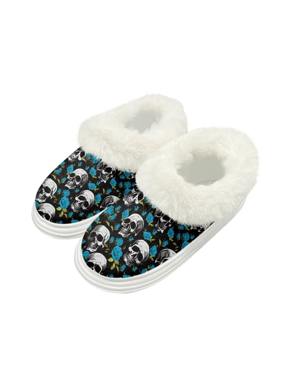Gothic Skull Blue Rose Print Slippers for Women Thick Sole House Bedroom Memory Foam Platform Slipper Shoes Comfy Trendy Gift Slippers, Size 5-6