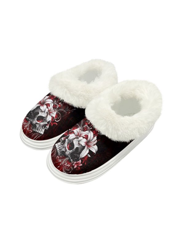 Gothic Skull Lily Print Women Slippers Comfortable Thick Sole House Slippers for Woman Warm House Bedroom Shoes, Size 7-8