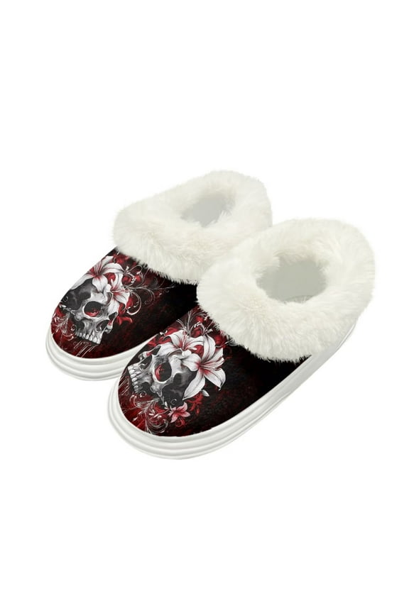 Gothic Skull Lily Print Women Slippers Comfortable Thick Sole House Slippers for Woman Warm House Bedroom Shoes, Size 9-10