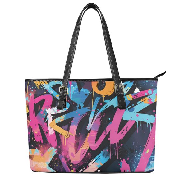 POLERO Graffiti Abstract Colors Large Capacity Tote Bag, PU Leather Handbag Casual Saddle Handbag for Work Everyday