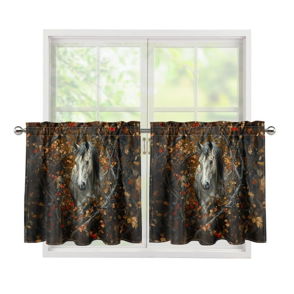 POLERO Gray Horse Fall Print Room Darkening Window Valance Curtains, 2 Panels Easy Rod Pocket Install Thermal Polyester Blackout Drapes for Home Decor Kitchen