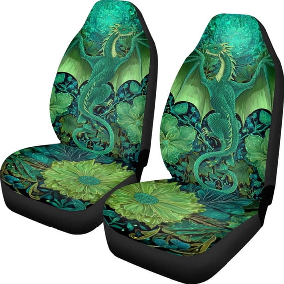 POLERO Green Dragon Floral Vehicle Seat Covers, 2 Pack Universal High Back Front Seat Covers, Removable Polyester Car Interior Decorative Accessories