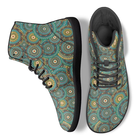 POLERO Green Gold Bohemian Flower Walking Sneaker for Men Women PU Leather Walking Shoe Athletic Running Cycling Flat Shoes Travel Training Business Walking Hiking Sneakers