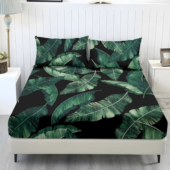 POLERO Green Palm Leaf Sheets Queen Size,3 Piece Bedding Cover Fitted Sheet and Pillow Case Cover,Cooling Bedding Covers Breathable Bedding Setsfor Beach Hotel,Twin