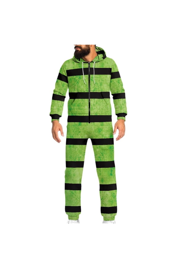 Green Stripes One Pieces Pajamas Halloween Adult Onesie for Cosplay Party Jumpsuit with Pockets Hats Playsuit, Size L