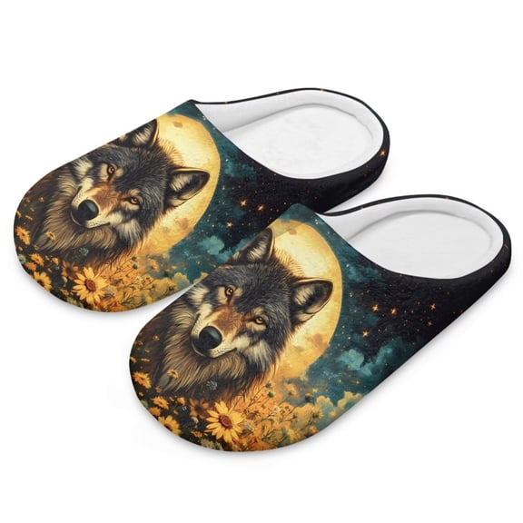 POLERO Grey Wolf Moon Print Closed Toe House Slippers for Woman Men Soft Cotton Indoor Slippers Comfortable Slip On Bedroom Shoes, Size 12-13