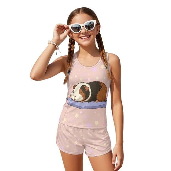 POLERO Guinea Pig Star Girls Swimsuits Tankini Outfits with Shorts Removable Pads Bathing Suit Kids Teens Youth Sleeveless Tank Tops Summer Beach Vacation Clothes