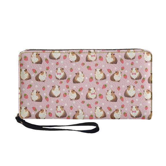 POLERO Guinea Pig & Strawberry Pattern Women Wallet with 4 Card Slots Large Capacity Long Purse for Travel, PU Leather Wristlet Wallet for Beach