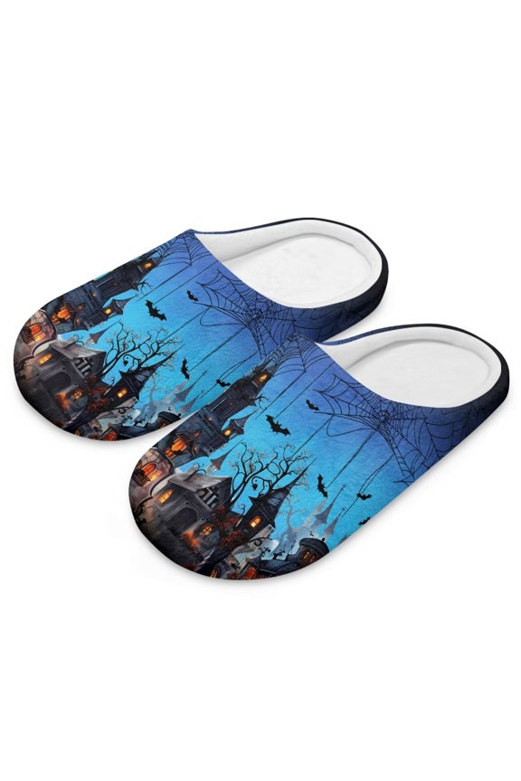 Halloween Castle Print Slippers for Women Memory Foam House Bedroom Closed Toe Indoor Slipper Shoes Comfy Trendy Gift Slippers, Size 6-7