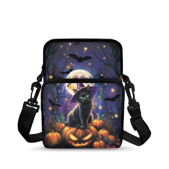 POLERO Halloween Cat Pattern Crossbody Bag Elastic Polyester Crossbody Coin Case for Womens, Lightweight with Zipper Crossbody Bags