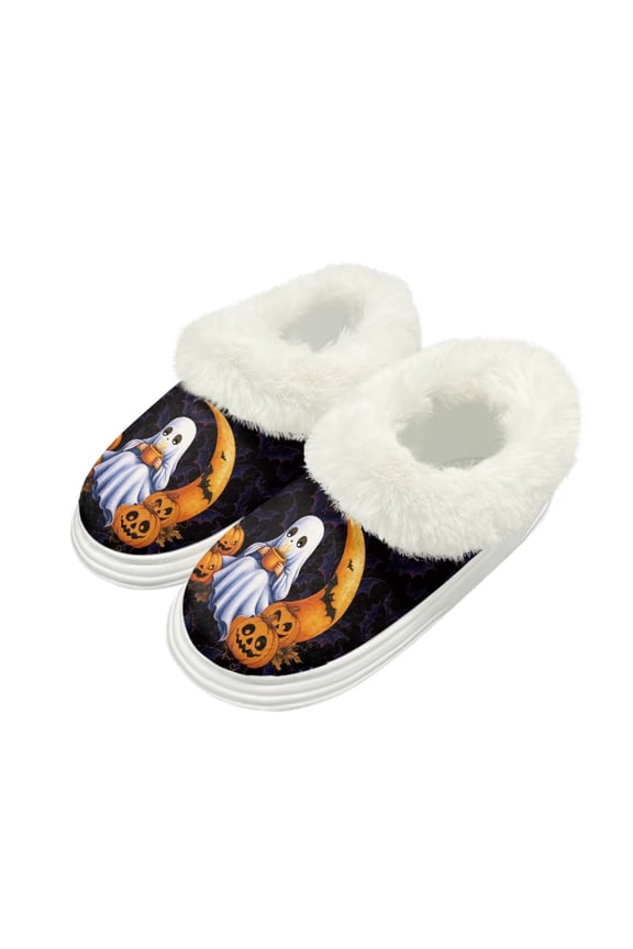 Halloween Fuzzy Platform Slippers for Women with Pumpkin Ghost Moon Print Comfortable Women's House Slippers Cozy Gifts