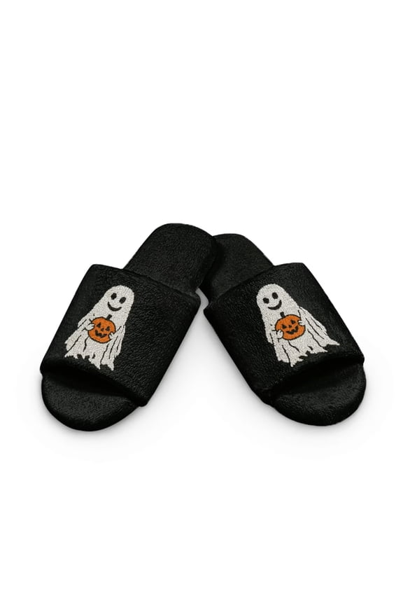 Halloween Ghost Pumpkin Print Slippers for Women Japanese Style House Slippers Indoor Breathable Open Toe Bedroom Slides Soft Sole Sandals for Home Use, Size 6-7