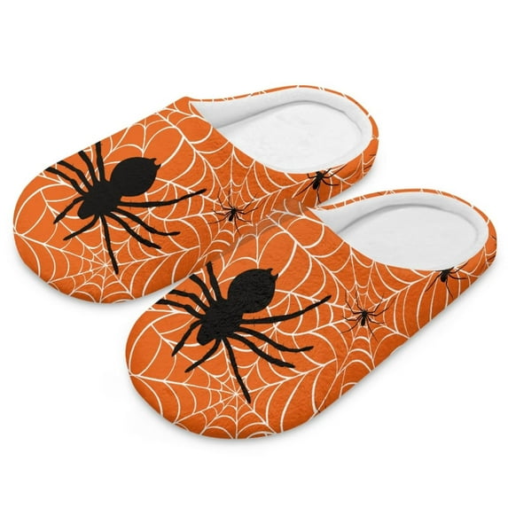 POLERO Halloween House Slippers for Women Men, Spider Web Orange Print Lightweight Fabric Casual Cotton Slide, Warm Closed Toe Home Shoes for Winter Indoor and Outdoor