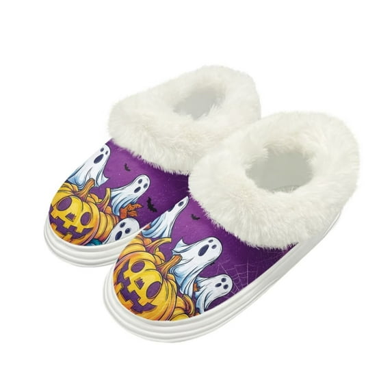 POLERO Halloween House Slippers for Woman Pumpkin Ghost Print Fluffy Plush Indoor Slippers for Women Slip On Bedroom Shoes with Fleece Lined