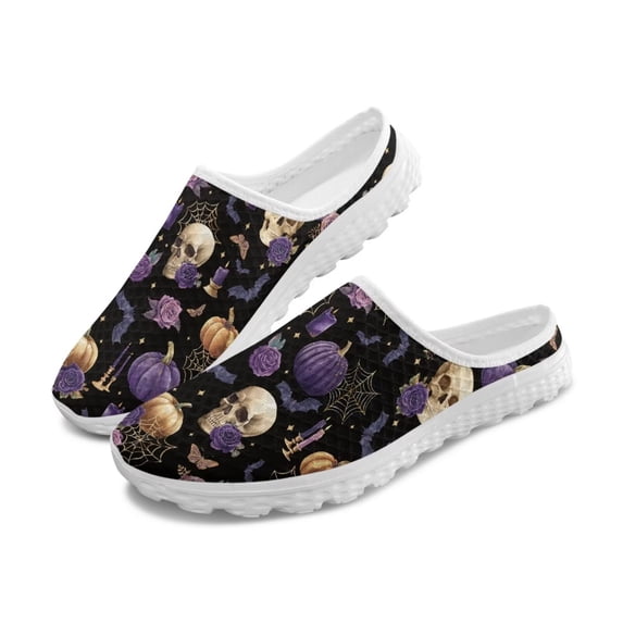 POLERO Halloween Spider Web Skeleton Mules Shoes Slip On Clogs Backless Walking Sneakers for Women Lady Mesh Upper Breathable Loafers Closed Toe Slippers for Holiday