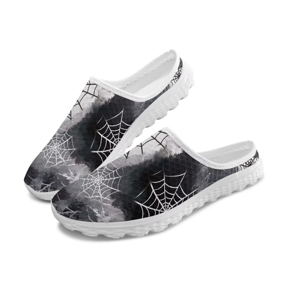 POLERO Halloween Spider Web Womens Slip On Mules with Arch Support Mesh Breathable Walking Sneakers Close Toe Backless Sneaker Garden Clogs