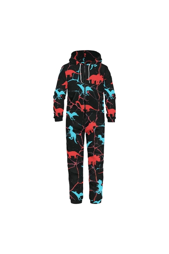 Halloween Theme Adult Onesie Pajames for Pajamas Party Blue Red Dinosaur Men and Women Zipper Playsuit for Couple Cosplay, Size S