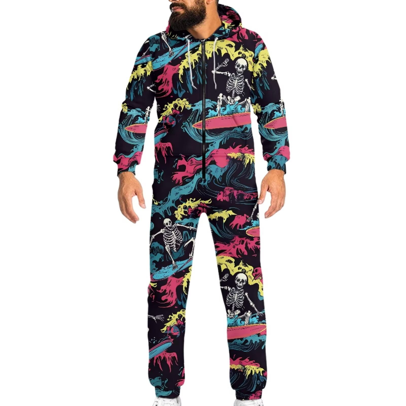 POLERO Halloween Theme Color Skeleton Surfing Print One Piece Pajames with Pocket Zipper Onesie Sleepsuit for Men Women, Size XL