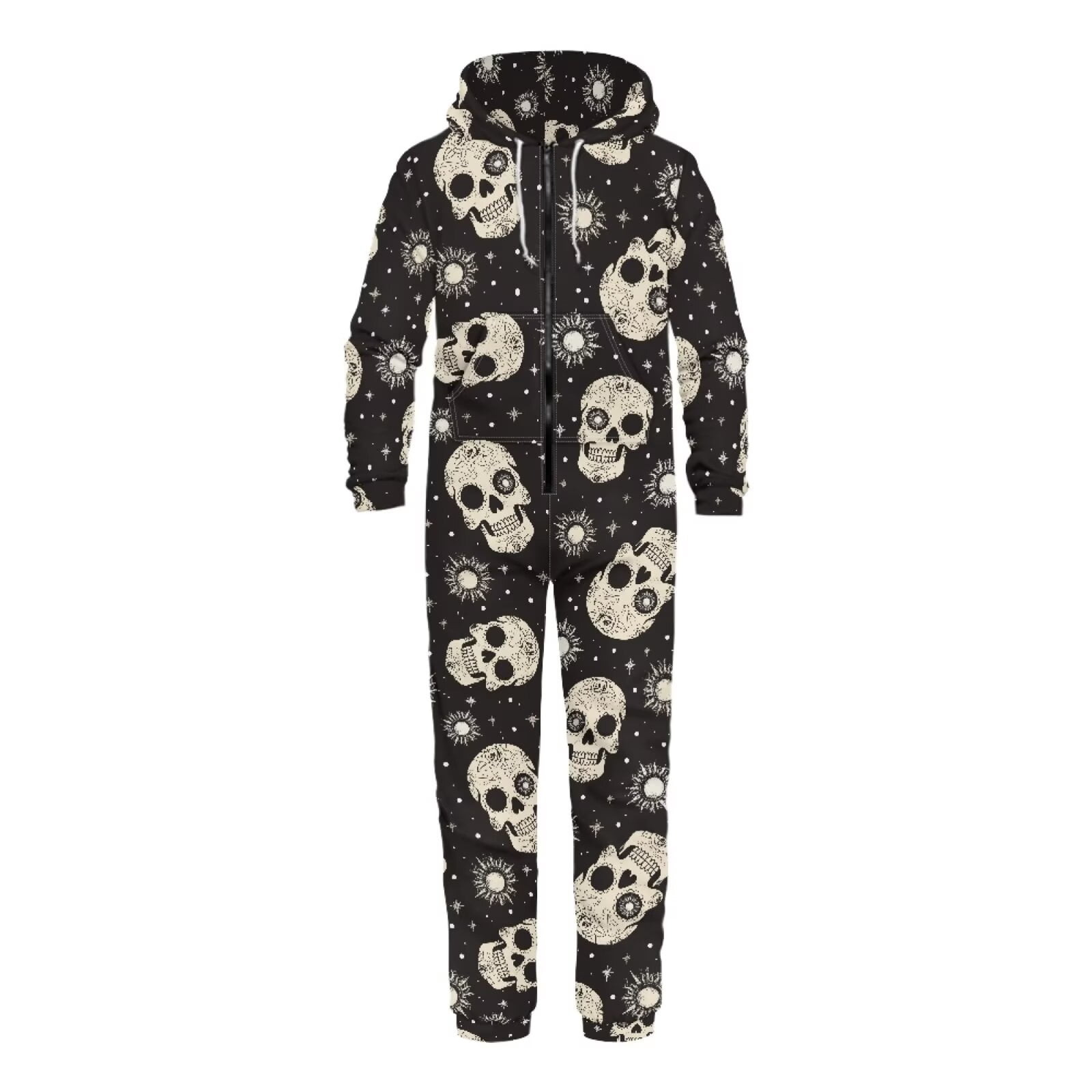 POLERO Halloween Theme Skull&Sun Print One Piece Pajames with Pocket Zipper Onesie Sleepsuit for Men Women, Size 3XL