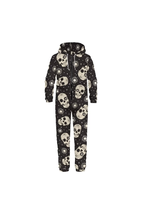Halloween Theme Skull&Sun Print One Piece Pajames with Pocket Zipper Onesie Sleepsuit for Men Women, Size 4XL
