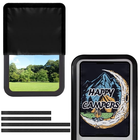 POLERO Happy Campers RV Entry Door Window Shade Sunshade Hook and Loop Fastener Camper Privacy Entrance Sun Blackout Fabric 17.3" x 26"