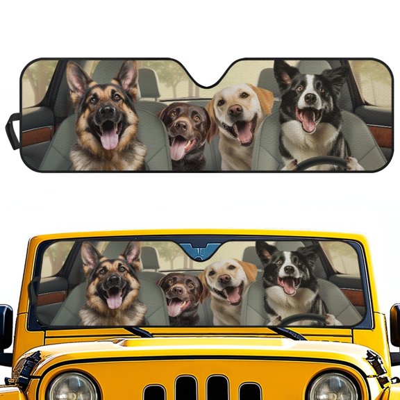 POLERO Happy Driving Dogs Pattern Windshield Sun Shield Fold Keep Vehicle Cool Polyester Windshield Sunshade 52.95x16.14 Inches for All Car Owners