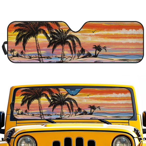 POLERO Hawaii Palm Tree Sunset Windshield Sun Shade for Car Off-road Vehicle SUV Truck (52.95x16.14 Inches), Sun Shade Windshield, Shades for Windows, Protector Blocks UV, Funny Car Decor