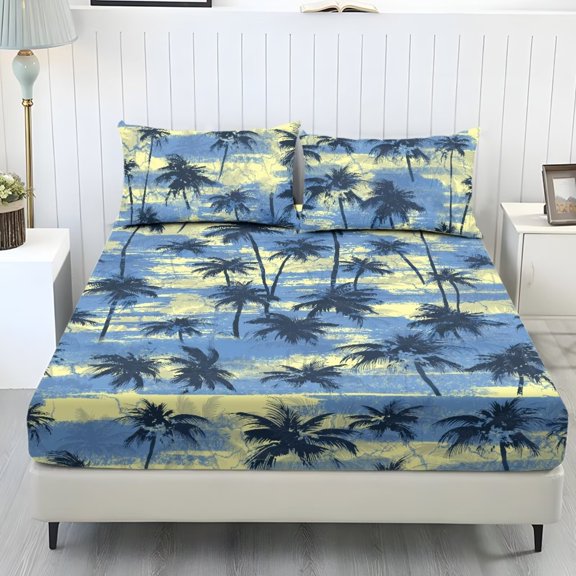 POLERO Hawaiian Coconut Tree Bed Sheet 3Pieces Non Slip Comfy Bedding Sheet Set Hawaiian Print Sheets Twin Size with Fitted Sheet and 2 Pillowcases,9.8 Inches Deep