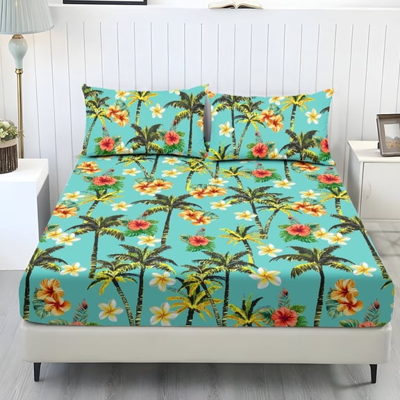 POLERO Hawaiian Twin Size Fitted Sheets and 2 Pillowcases Hibiscus Palm Tree Bed Sheet Set 3Pieces Elastic Cooling Breathable Fitted Bottom Bedsheet Easy to Care