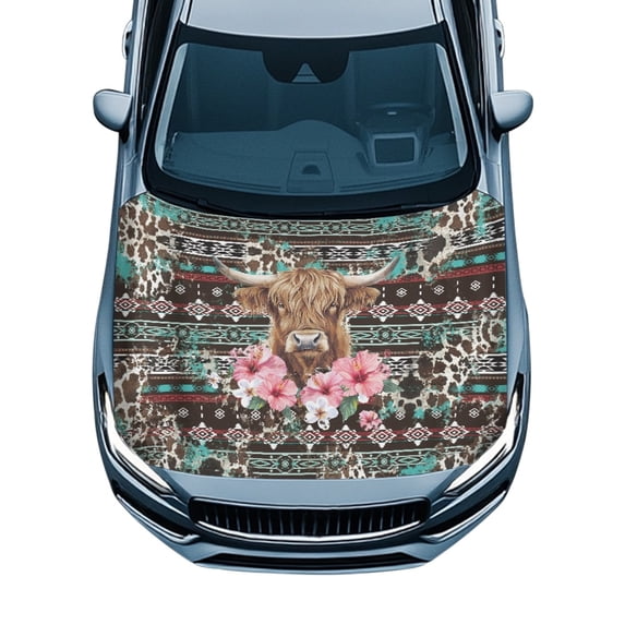 POLERO High Temperature Resistant Car Hood Cover Protector, Highland Cow Floral Auto Accessories Swimsuit Fabric Auto Decoration Auto Exterior Accessories for SUV Pickup Trucks