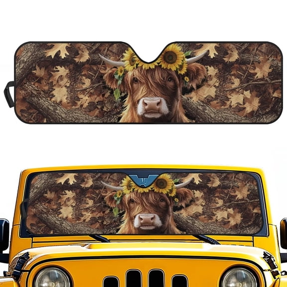 POLERO Highland Cow Hunting Camo Front Windshield Sun Shade Foldable Front Window Sun Shield Visor Fit for Off-road Vehicle Block UV Rays Car Accessories Heat Keep Car Cooler