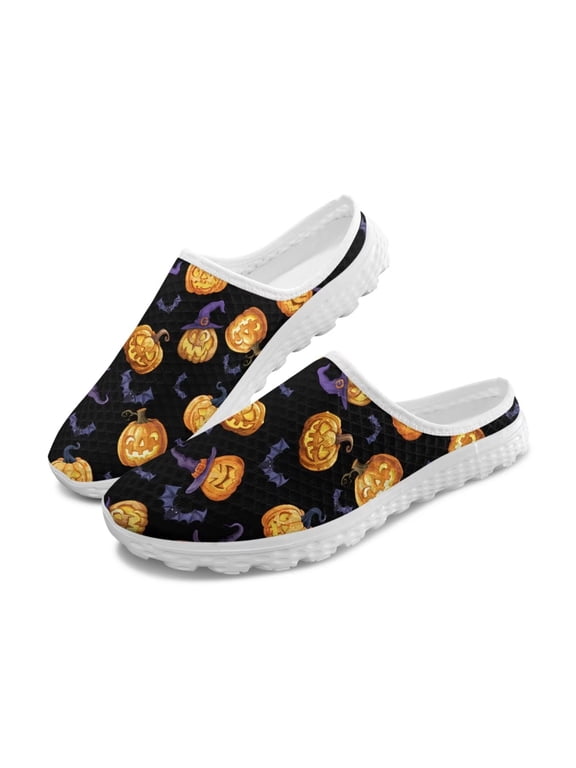 Holiday Shoes Pumpkin and Bat Pattern Mules Shoes Women's Backless Walking Sneakers Mesh Comfortable Slip-on Loafers Closed Toe Slippers Halloween Footwear