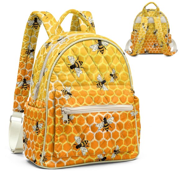 POLERO Honeycomb Bee Pattern Fashion Backpack Purse for Hangouts, Small Shoulder Bag Polyester Mini Backpack Purses with Casual