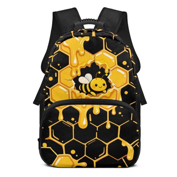 POLERO Honeycomb Bee Print 17 Inch Backpacks for Teens, Polyester Smooth Zipper School Backpack for Travel Outdoor