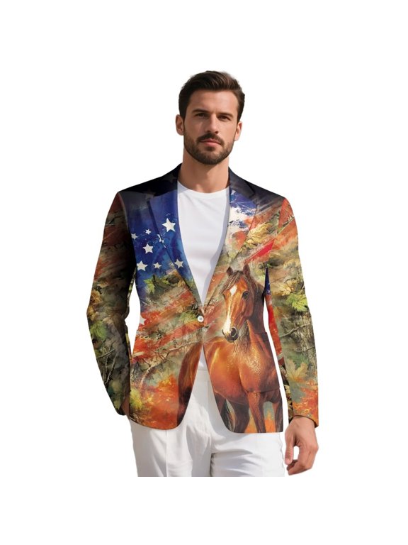 Horse American Flag Print Men's One Button Daily Blazer Regular Fit Derby Blazer for Men Patriotic Business Suit Jacket Open Front Sport Coat S-5XL