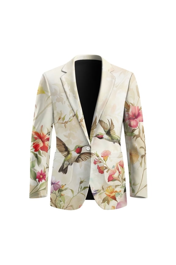 Hummingbird Floral Print Mens Suit Jacket 70s 80s Blazer One Button Open Front Long Sleeve Dress Blazer Top Coat for Prom Dinner Wedding
