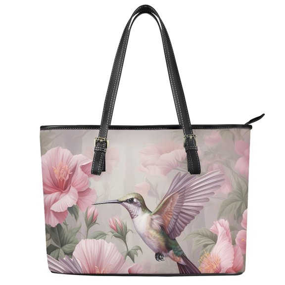 POLERO Hummingbirds Hibiscus Flowers Casual Tote Bag, PU Leather Handbag Zipper Saddle Handbag for Shopping Work