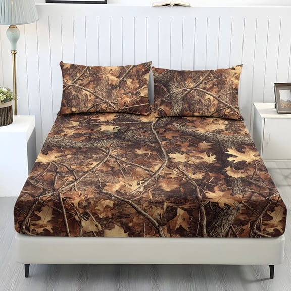 POLERO Hunting Camo 3 Piece Bedding Cover,Camouflage Fitted Sheet and 2 Pillow Case Cover,Soft Cooling Bedding Covers Breathable Bedding Sets for Hotel,Bedroom Decor,Twin
