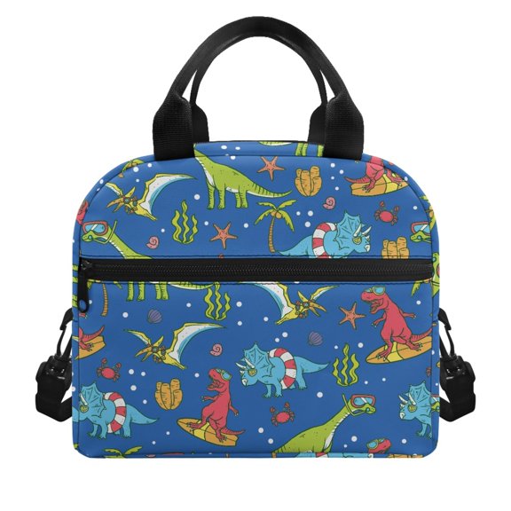 POLERO Insulated Lunch Bag Lunch Tote With Summer Surf Dinosaur Print - Reusable Cooler for Office School and Daily Trips