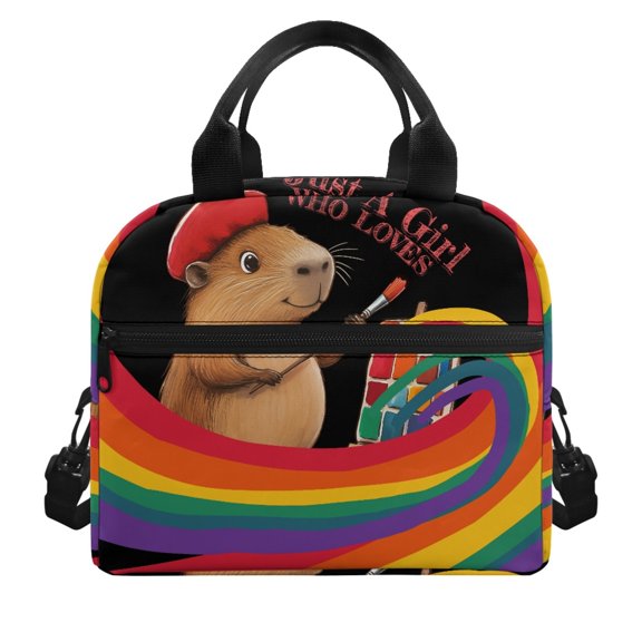 POLERO Insulated Lunch Bag Showcasing Capybara Artist Rainbow Print - Durable Reusable Bag for Office School Daily Use
