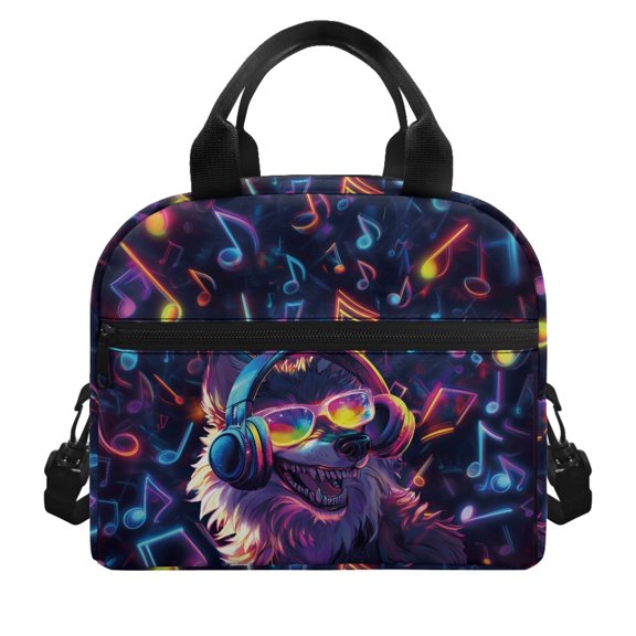 POLERO Insulated Lunch Bag with Neon Wolf Music Notes - Practical Reusable Bag for School Office Daily Travel