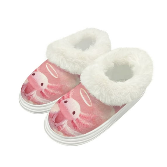 POLERO Kawaii Pink Axolotl Print Warm House Slippers for Women Comfy Fleece Lined Fuzzy Slippers with Thick Sole for Indoor Outdoor, Size 5-6
