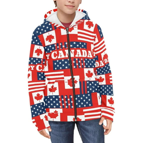 POLERO Kids Hoodie Sweatshirt Canadian Flag Print Long Sleeve Boys Girls Full Zip Jacket Tops Clothes for Toddlers(Age 6-7)