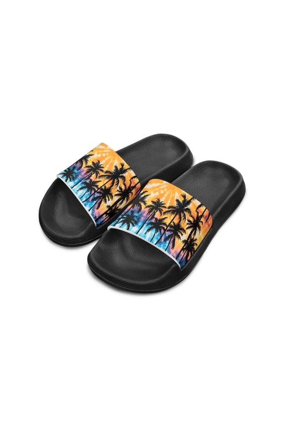 Kids Sunset Coconut Tree Slide Sandals - Lightweight Non-Slip EVA Slides for Beach Pool & Indoor Use - Cute Summer Footwear for Boys Girls