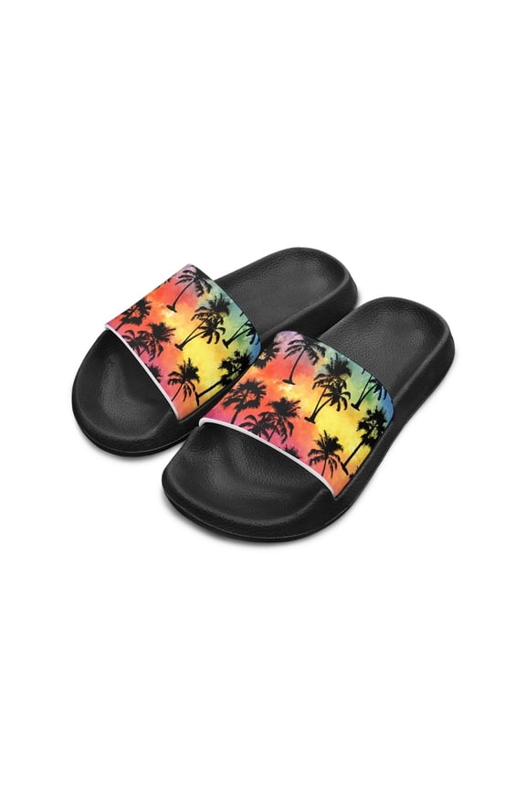 Kids Tropical Palm Tree Slide Sandals - Sunset Gradient Print | Non-Slip EVA Lightweight Slides for Beach, Pool & Indoor Use