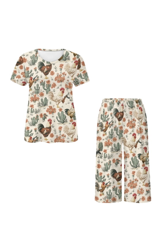 Ladies Lounge Top and Bottom Set, Cactus Rooster Floral Pattern Top and Bottom Pajama Set Comfy 2 Piece PJ Top and Bottom Set Short Sleeve Tops and Capri Pants
