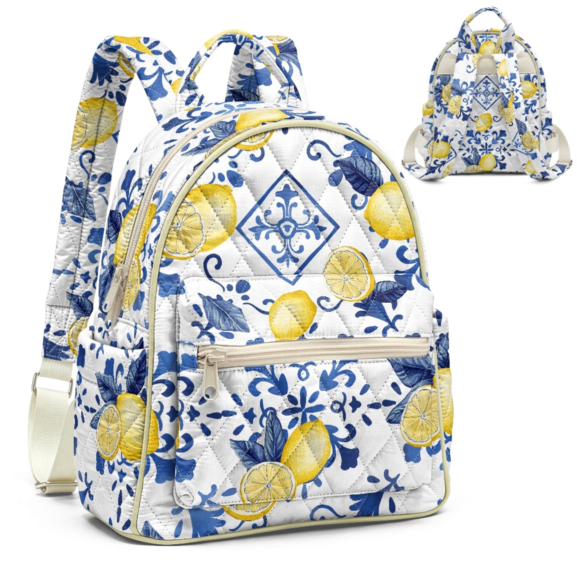 Polyester Cloth Backpack POLERO Lemon & Blue Mediterranean Tile Pattern Zipper Back Pack ...