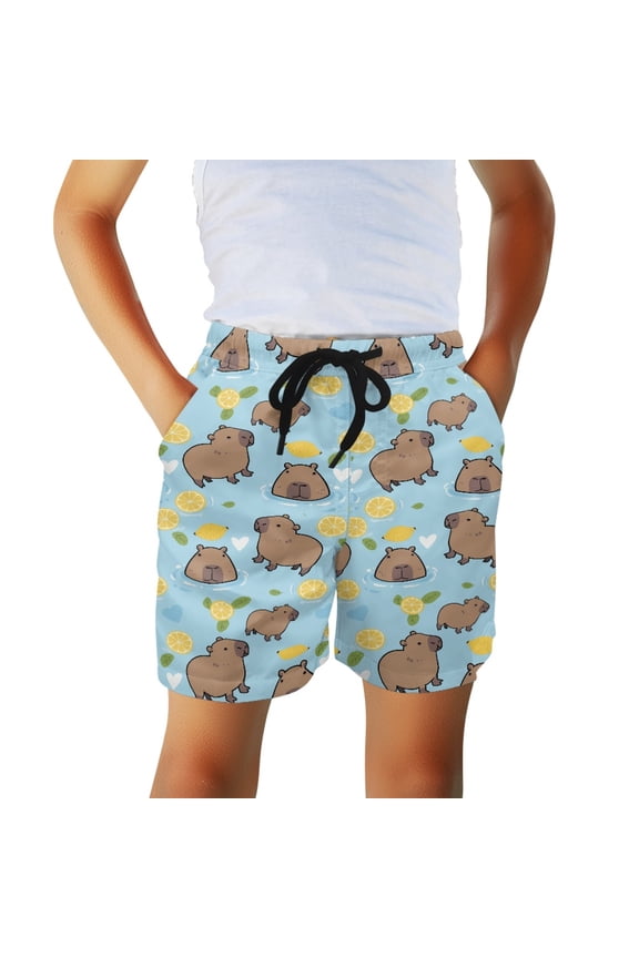 Lemon Float Capybara Bed Sheet Boys Swim Trunks, Drawstring Elastic Drawstring Waist Young Boys Summer Swimwear Shorts Elastic Waist Board Shorts