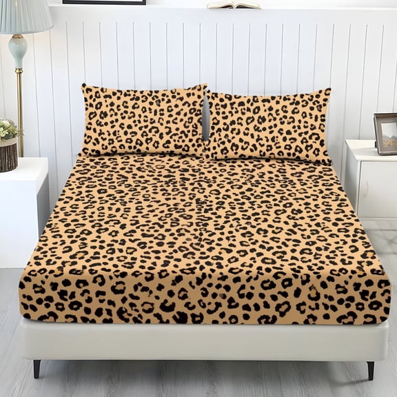 POLERO Leopard Print Sheets Set Elastic Cooling Twin Size Bedsheet with Pillowcases Set of 3 Fade Resistant All-Season Bedding Decor Set