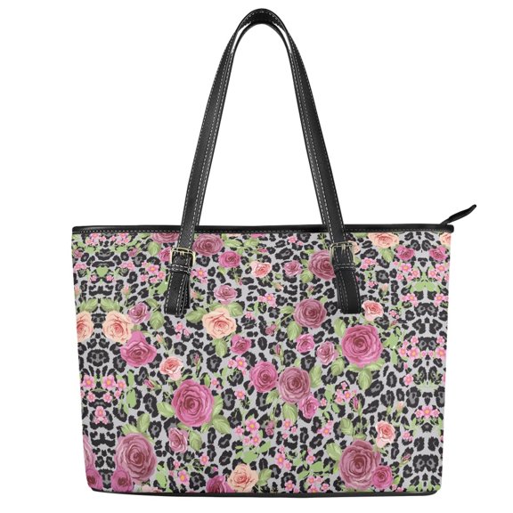 POLERO Leopard Print with Pink Roses Curved Leather Bag, PU Leather Saddle Handbag for Shopping, Practicality Lightweight Tote Bag